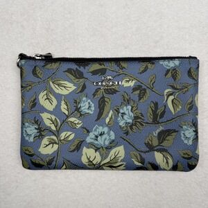 Coach Clutch Bag Womens Small Blue Floral Print Leather Zip Pouch Wristlet